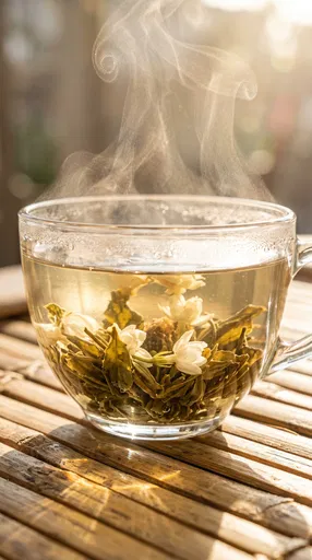 Steaming Blooming Jasmine Tea in Glass Cup