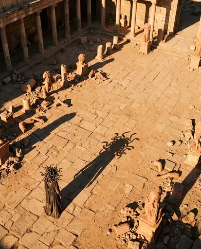 High-Angle View of Gorgon in Courtyard