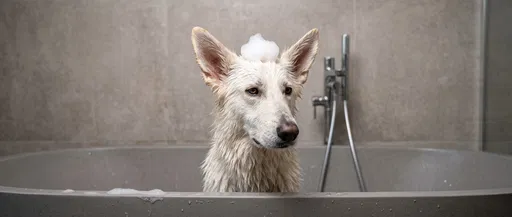 Wet White Shepherd in Bathtub