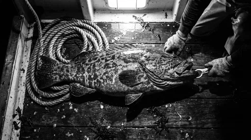 Caught Grouper on Boat Deck at Night