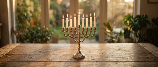 Lit Menorah on Wooden Table
