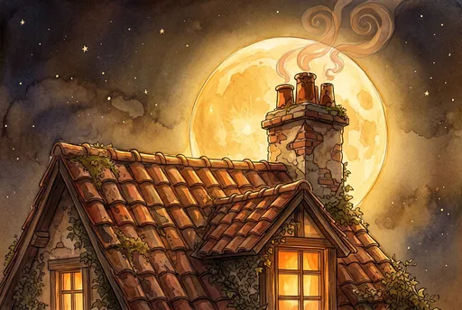 Storybook Rooftop Under Giant Golden Moon