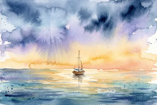 Watercolor Sailboat on Calm Sunset Sea