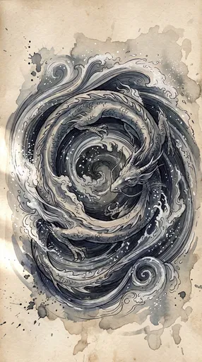Watercolor Coiled River Dragon Illustration