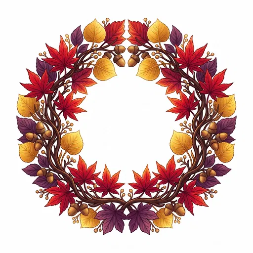 Symmetrical Autumn Foliage and Acorn Wreath Illustration