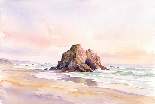 Watercolor Coastal Sea Stack at Sunset