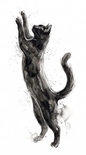 Watercolor Black Cat Reaching Upward