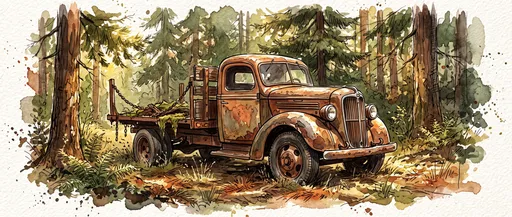 Watercolor Illustration of Rusty Vintage Forest Truck