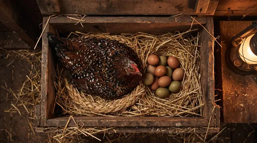 Speckled Hen with Eggs in Nest