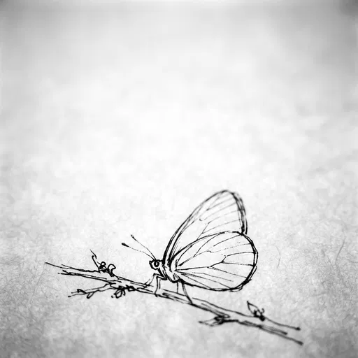 Minimalist Black Ink Butterfly Sketch on Twig