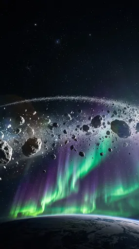 Asteroid Belt and Aurora Over Planet