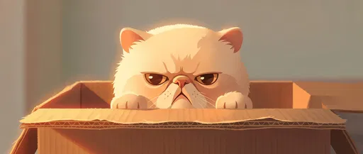 Grumpy Cream Cat in Cardboard Box