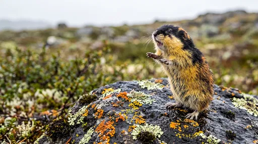 Norway Lemming Rearing on Lichen Rock