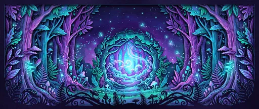 Enchanted Bioluminescent Forest Paper Cut Illustration