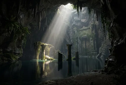 Subterranean Cave Lake with Ancient Temple Ruins