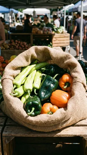 Burlap Sack of Assorted Peppers at Market