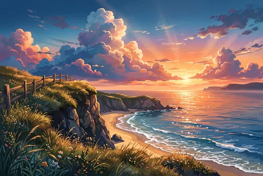 Anime Coastal Sunset Over Grassy Cliffs
