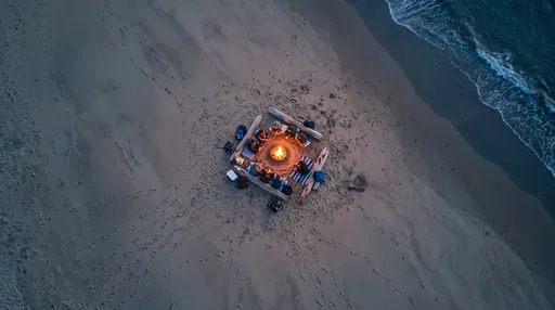 Aerial View of Beach Bonfire With Friends
