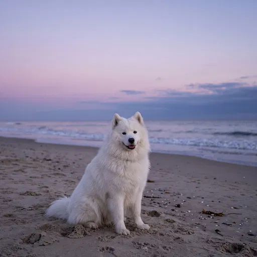 White Samoyed Dog on Twilight Beach