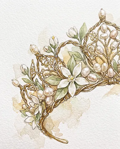 Watercolor Bridal Tiara With Pearls and Blossoms