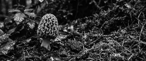 Monochrome Morel Mushroom on Forest Floor