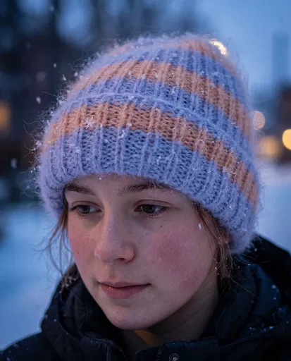 Teenager Wearing Striped Knit Hat in Snow