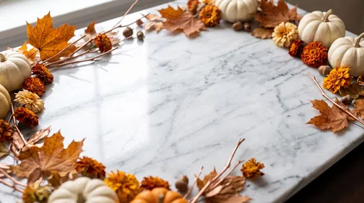 Autumn Leaves and White Pumpkins on Marble