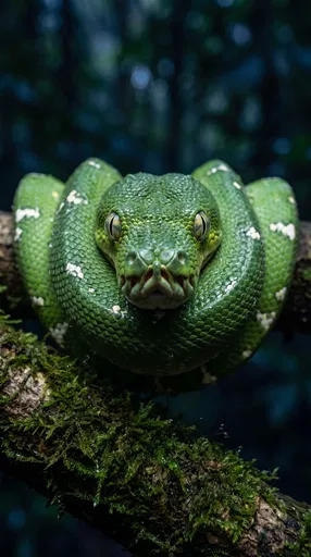 Emerald Tree Boa on Mossy Branch