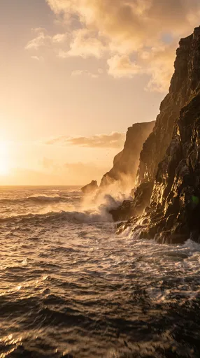 Golden Sunset Over Crashing Coastal Cliffs