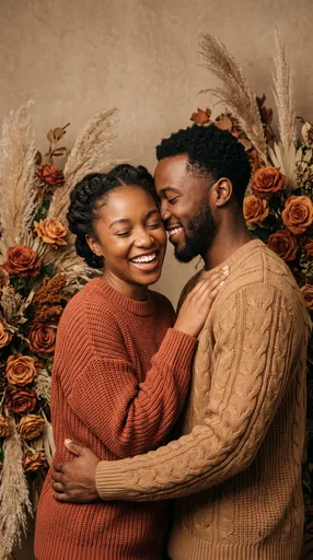 Laughing Couple Embracing With Autumnal Florals