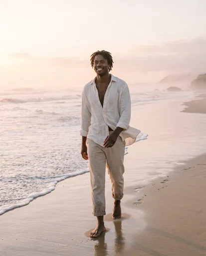 Smiling Man Walking on Sunrise Beach
