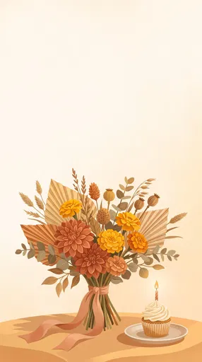 Warm Botanical Birthday Bouquet and Cupcake Illustration