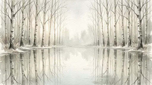 Watercolor Winter Birch Forest Reflection