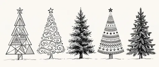 Five Hand-Drawn Ink Christmas Tree Illustrations