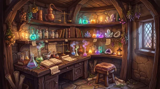 Cozy Alchemist Potion Workshop Illustration