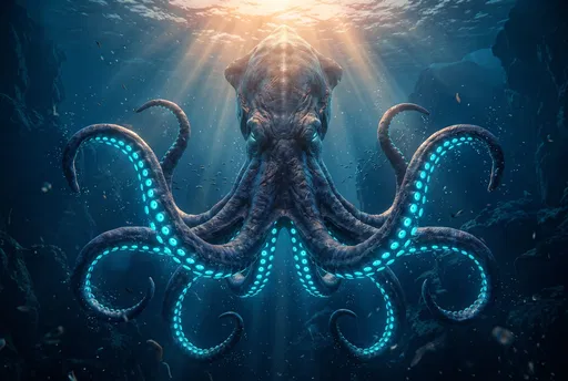 Bioluminescent Kraken in Deep Ocean Trench