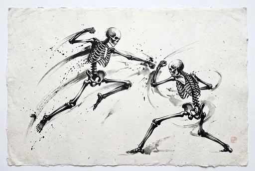 Sumi Ink Drawing of Fighting Skeletons