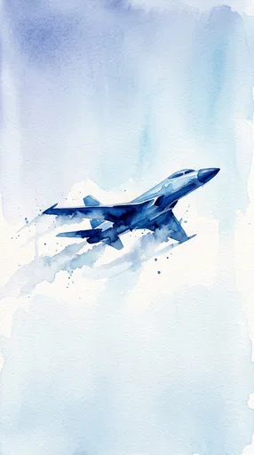 Blue Watercolor Fighter Jet in Flight