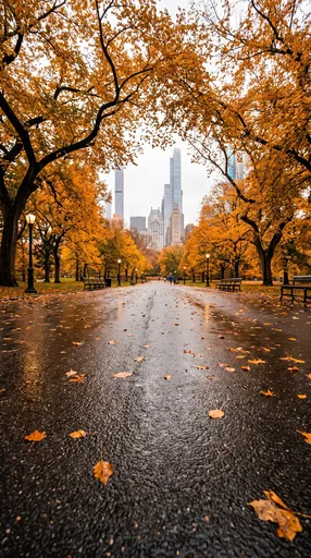 Wet Autumn Park Path With City Skyline