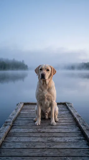 Yellow Labrador Sitting on Misty Lake Dock