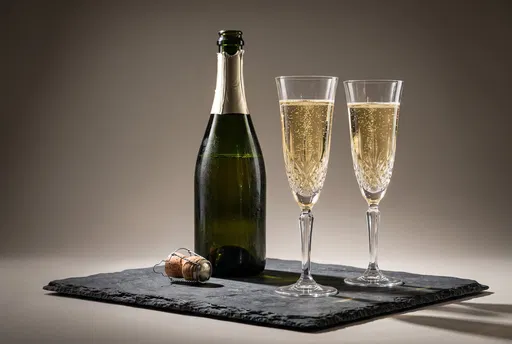 Champagne Bottle and Crystal Flutes on Slate