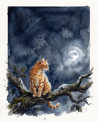 Watercolor Ginger Cat Under Full Moon