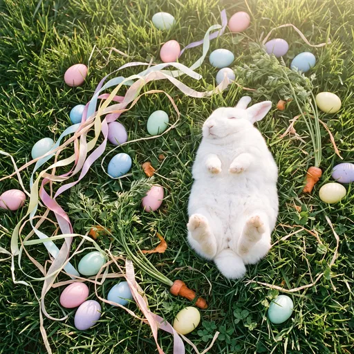 Sleeping White Rabbit With Pastel Easter Eggs