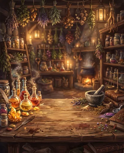 Cozy Alchemist Workshop Wooden Workbench Stage