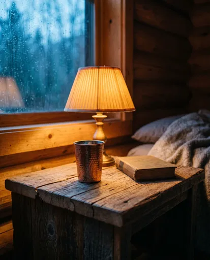 Cozy Cabin Nightstand By Rainy Window