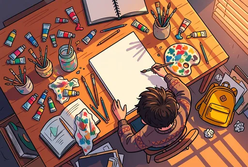 Overhead Cartoon of Art Student Painting