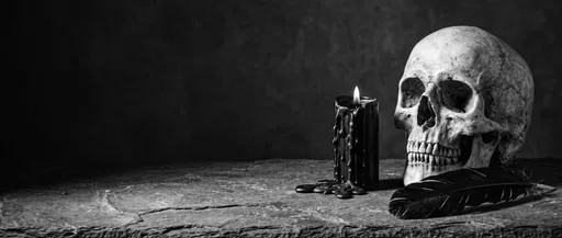 Monochrome Skull Candle and Feather Still Life