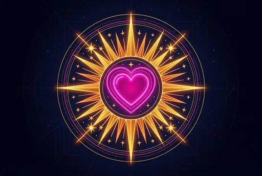 Glowing Neon Heart in Golden Sunburst Emblem