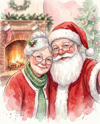 Watercolor Santa and Mrs. Claus Holiday Selfie