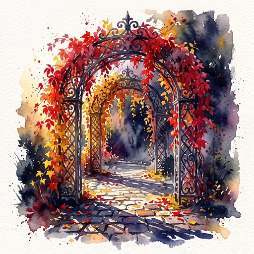 Watercolor Autumn Garden Archway Illustration